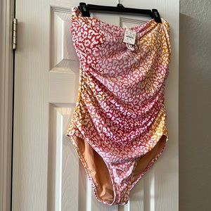 J.Crew Ruched one-piece bathing suit. XL. Pink, white, orange print. New